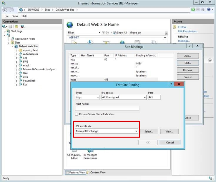 Screenshot that shows Microsoft Exchange is selected as the S S L certificate for the S S L binding for the default web site.