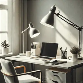 A Bright and Functional Home Office Setup Emphasizing Lighting