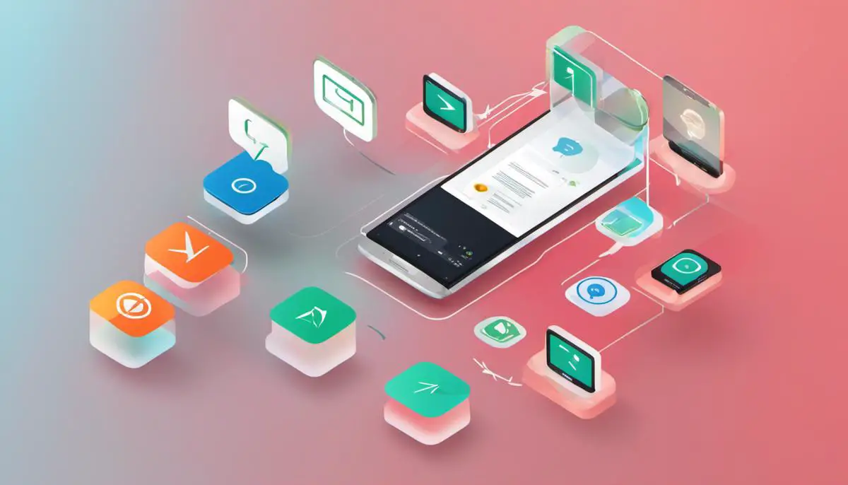 Image illustrating the process of clearing cache in Android applications, showing a device with a cache icon being cleared with arrows going through it