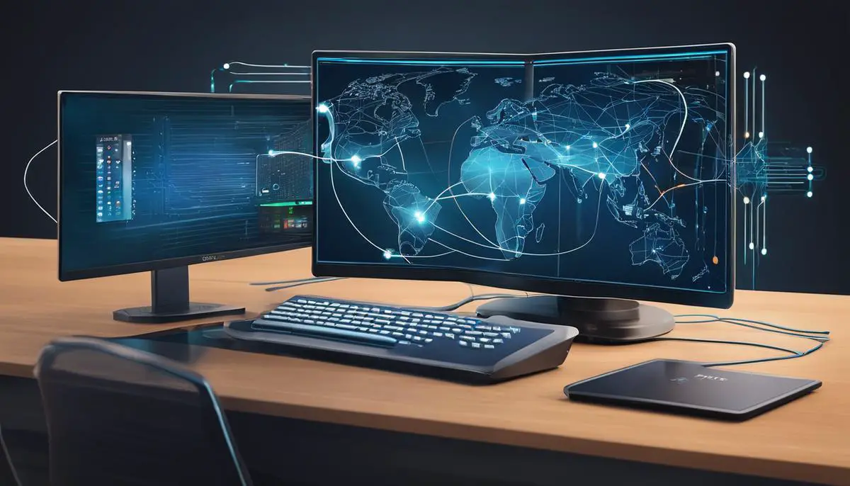 Illustration of a computer connected to a network to symbolize secure network connectivity with Cisco AnyConnect.