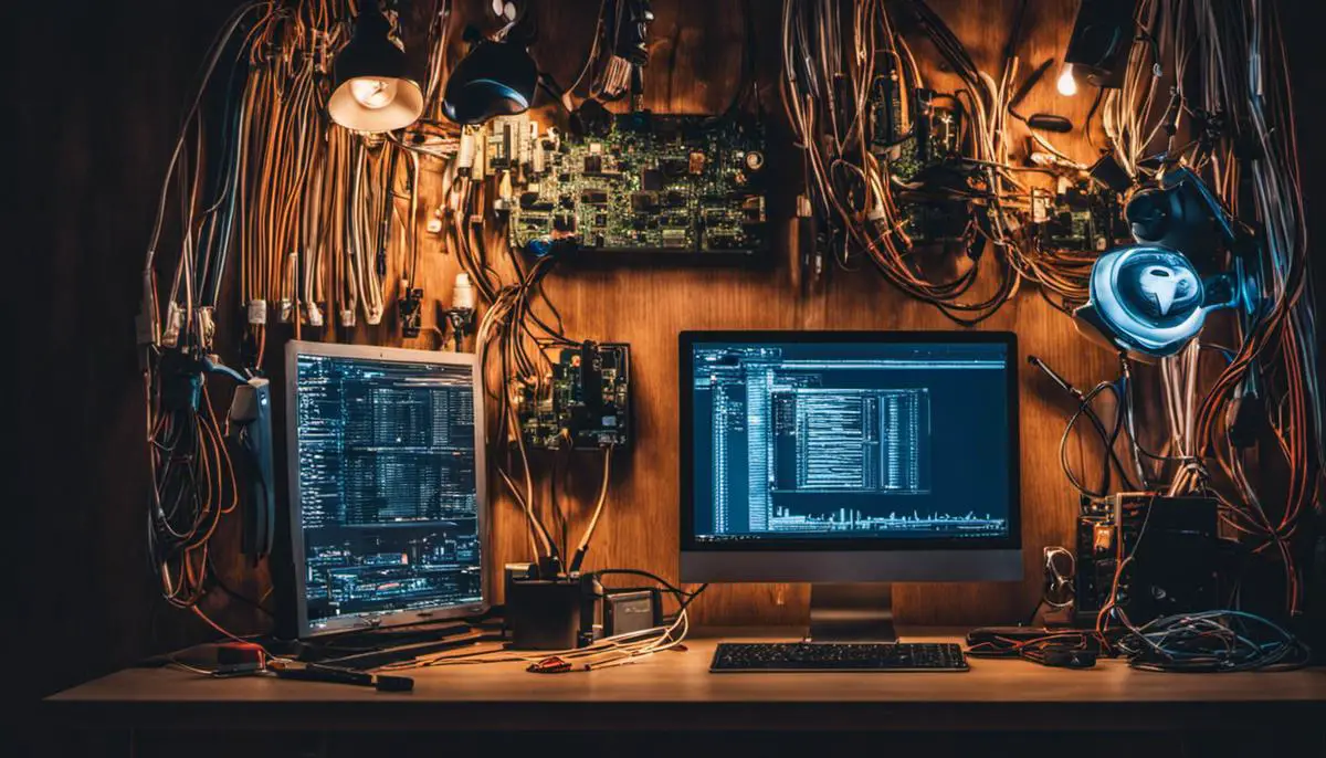 A person working on a computer with cables and tools surrounding them, representing the process of troubleshooting and debugging in the tech industry